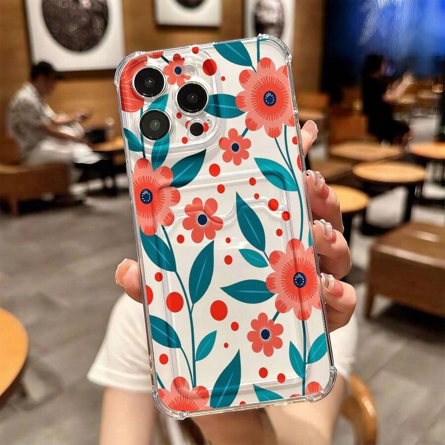 1 unidad Patrón floral colorido con hojas Funda para iPhone 14, protección anticaída con airbag reforzado en las cuatro esquinas, tarjetero invisible integrado en la parte trasera, compatible para tarjeta personal, carnet de conducir, tarjeta de acceso y tarjeta de transporte, funda protectora antigolpes portátil con ranura para tarjetas, diseño sencillo y elegante, ideal para uso diario, desplazamientos y viajes - transparente - Ver 1