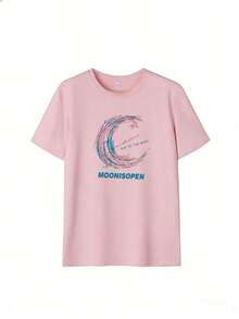 Pink And Blue Moon Print T-Shirt, Fashionable Short-Sleeved T-Shirt For Spring/Summer 2026, Made In Mexico, 180 Grams. Cartoon Print, Couple Design, Suitable For Indoor Or Outdoor Wear. Crew Neck, Unisex, Ideal For Office And Leisure. One-Pack. - PK-P631577SLNDXZGY580 - 查看 2
