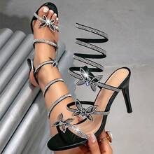 Women's Rhinestone Flower Snake Wrap High Heels Open Toe Ankle Strap Party Sandals - Black - View 4