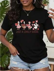 Women's T-Shirt, Modern And Fashionable, 180g Cotton, Plus Size, Irregular Letter Print, Short Sleeve, Casual Women's T-Shirt, Cotton Top, Suitable For Everyday Urban Style Wear, Suitable For All Seasons, An Excellent Gift For Friends On Vacation. - 黑色 - 查看 1