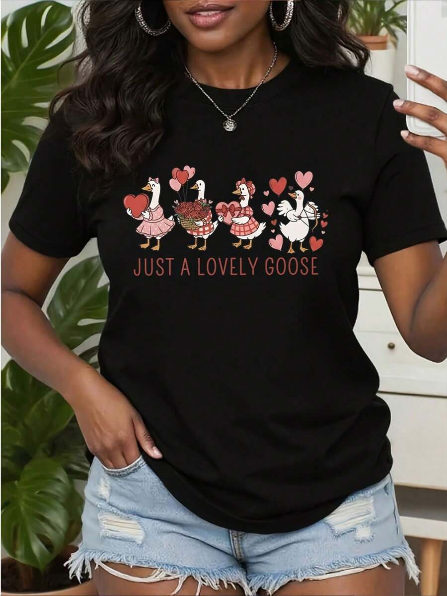 Women's T-Shirt, Modern And Fashionable, 180g Cotton, Plus Size, Irregular Letter Print, Short Sleeve, Casual Women's T-Shirt, Cotton Top, Suitable For Everyday Urban Style Wear, Suitable For All Seasons, An Excellent Gift For Friends On Vacation. - 黑色 - 查看 1