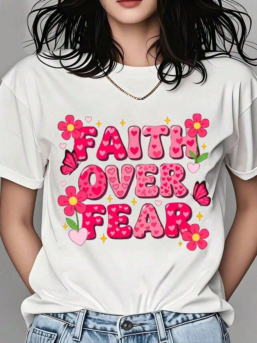 Women's T-Shirt, "Faith Over Fear" T-Shirt With Flowers And Hearts For Women, Cute Inspirational Graphic T-Shirt, Motivational Christian T-Shirt For Everyday Wear And Gift - 白色 - 查看 1