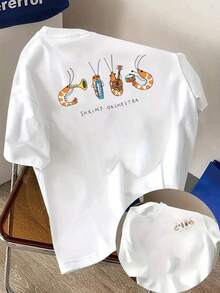 Shrimp Orchestra Cartoon Print T-Shirt, Short Sleeve, Round Neck, Casual Spring And Summer Top, Women's Clothing, High Cost Performance FWLP - 白色 - 查看 1