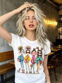 Camiseta Gráfica de Moda para Mujer, Estilo Casual Urbano de Verano, 100% Algodón, Suave, Transpirable, Corte Holgado, Manga Corta, Conjuntos de Verano para Mujer, Tallas Grandes Disponibles, Atuendo, Top para Cenas o Brunchs Nocturnos de Chicas - Blanco - Ver 3