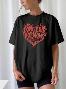 Flame Hot Mom Retro Print T-Shirt: Effortlessly Create A Sweet And Casual Look. Perfect For Summer Leisure Time, Daily Commutes, Casual Outings, And Vacations! - High Quality - Black - View 7