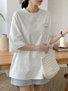 Women's 100% Cotton Oversized Summer T-Shirt, Letter And Bow Print, Round Neck, Drop Shoulder Sleeves, Vintage Casual, New Collection - White - View 8