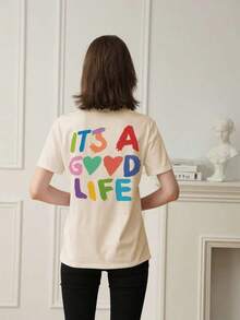 Women's Short-Sleeved T-Shirt With A Round Neck And Colorful Slogan Print, A New Summer Style Suitable For Everyday Wear. Vacation Graphic T-Shirt For Women, White Top For Women - 杏色 - 查看 11