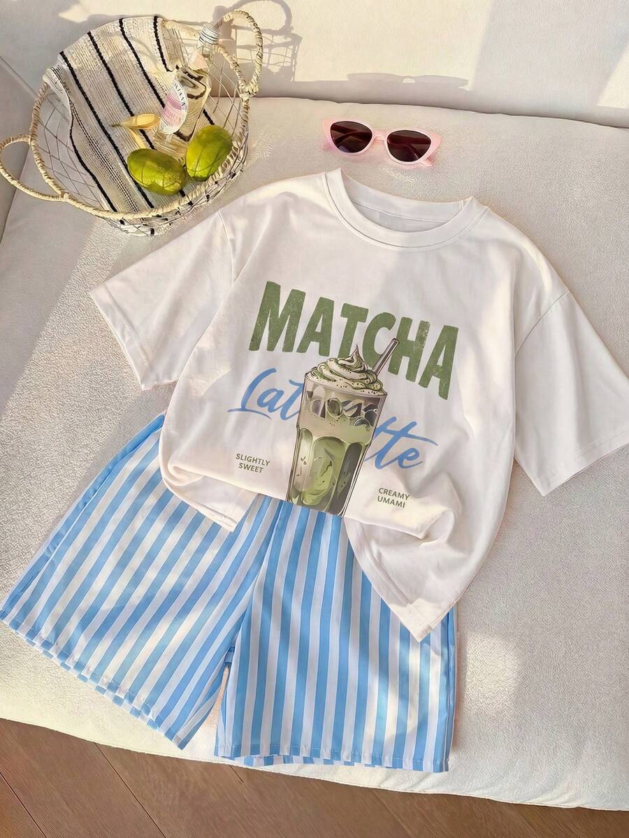2件組女童幼兒夏季甜美涼爽印花短袖條紋短褲休閒日常百搭套裝 - 藍色 - 查看 1