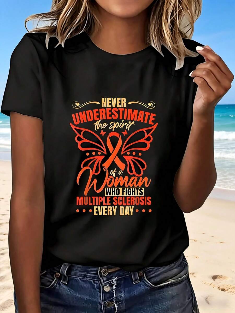 Never Underestimate The Spirit Of A Woman Who Fights Multiple Sclerosis Every Day T Shirt With Butterfly Ribbon Design Fashion Statement For Awareness Campaigns And Support Groups Perfect Gift For Strong Women In Recovery Or Caregivers - 黑色 - 查看 1