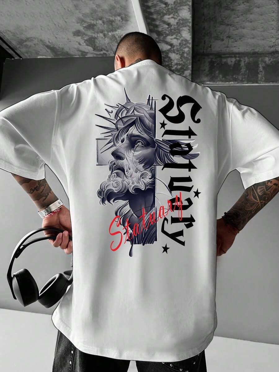 Men's T-Shirt With Vintage Statue Style Letter Print, Suitable For Everyday Casual Wear, Urban Style, Men's Round Neck T-Shirt, Loose Fit. - 白色 - 查看 1
