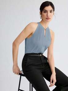 Camiseta de tirantes elegante con cuello de ojo de cerradura de unicolor, versátil para ir al trabajo, uso diario, retro romántico de los 90, adecuada para Navidad, Año Nuevo, San Valentín, fiesta, playa, graduación, moda, carnaval, vacaciones, in - Azul - Ver 9