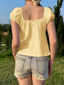de manga corta casual y versátil con cuello cuadrado para mujer, top amarillo de verano - Amarillo - Ver 2