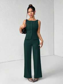 PETITE Conjunto de chaleco y pantalones de un solo pecho de unicolor con cuello redondo, elegante traje de oficina para mujer, ropa de mujer de verano y otoño, conjunto de oficina, ropa casual de negocios, conjunto de dos piezas, ropa de oficina de otoño para mujer, conjunto de blazers para mujer - Verde Oscuro - Ver 3