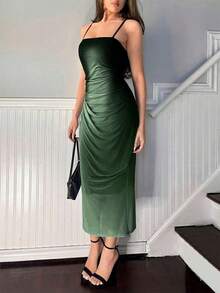 Vestido de tirantes de malla degradado elegante para mujer, de verano - Verde - Ver 4