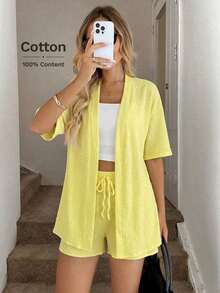 Conjunto de kimono de algodón blanco con arrugas + shorts, conjunto casual de vacaciones para primavera/verano - Amarillo - Ver 6