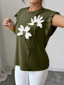 Camiseta de mujer con flores tridimensionales lindas y contrastantes para verano y otoño - verde militar 2 - Ver 6