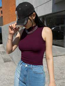 Camiseta de mujer de cuello alto, de unicolor, con ajuste ceñido y mangas cortas, de estilo casual - Morado - Ver 3