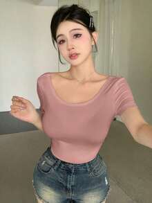 Camiseta de moda ajustada de manga corta con diseño de lazo en la espalda y unicolor, Blusa morada, Blusa tipo halter - Rosa - Ver 4