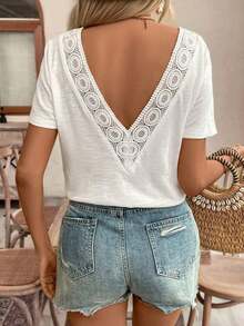 Frenchy Top amarillo con encaje y espalda descubierta, camiseta, imprescindible, conjunto de verano, imprescindible de la temporada de bodas, estilo francés - Blanco - Ver 5
