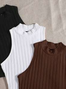 Top de tanque casual sólido de cuello redondo acanalado para el verano - Marrón Chocolate - Ver 3