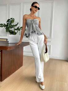 Top camisole de mujer con estampado, bordado y rayas, ideal para vacaciones con lazo delantero - Blanco y Negro - Ver 2