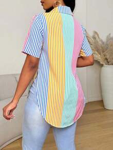 Camisa de mujer de manga corta, ajuste ceñido, con dobladillo curvo dividido, unicolor minimalista, para uso diario y casual en verano - Multicolor 10 - Ver 2