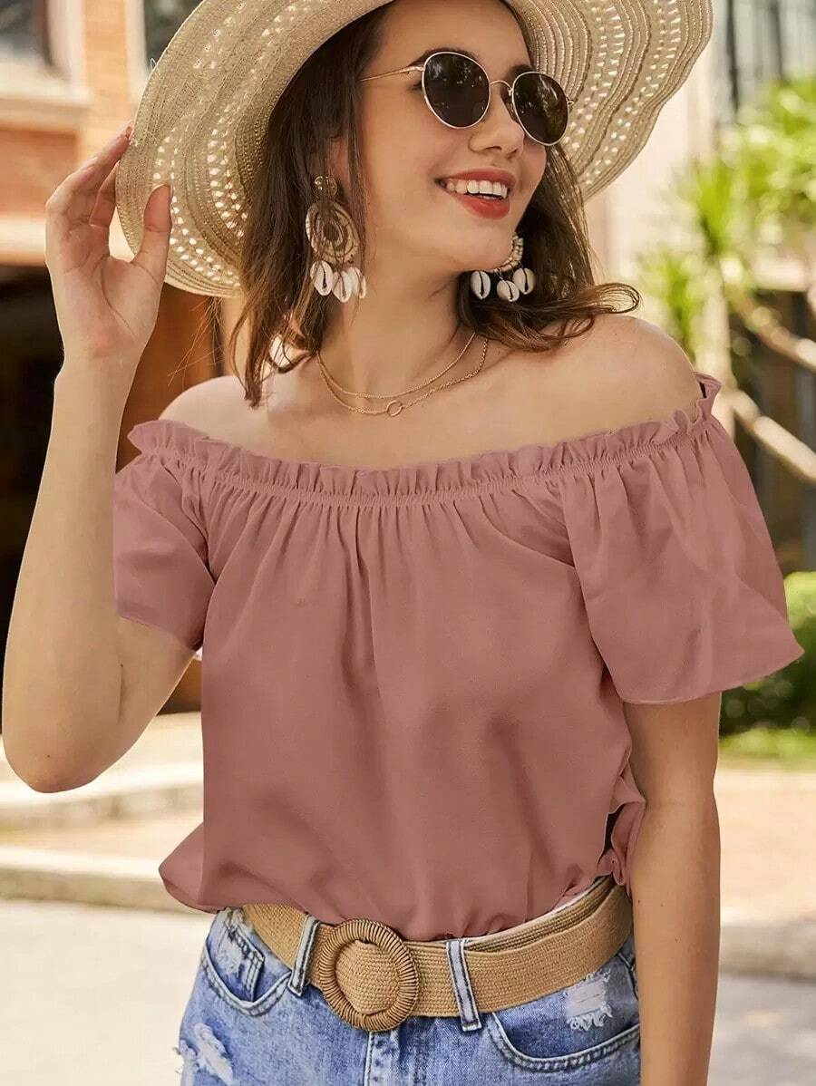 VCAY Blusa de hombros descubiertos ribete fruncido - Rosa vieja - Ver 1