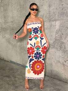 Vestido ajustado con estampado floral retro y estilo bohemio casual para mujeres, adecuado para vacaciones de verano - Multicolor 7 - Ver 4