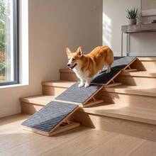 Adjustable Solid Wood Dog Stair Ramp Wedge For Small And Senior Dogs, Foldable Indoor Pet Ramp With Height Triangle Support And Non-Slip Carpet, No Assembly Required - Multicolor - View 3