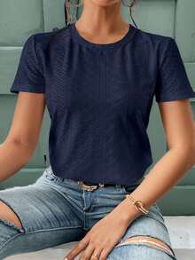 Camiseta blanca de cuello redondo con bordado de ojales, minimalista para ir a la oficina, estilo antiguo y sencillo - Azul marino - Ver 5