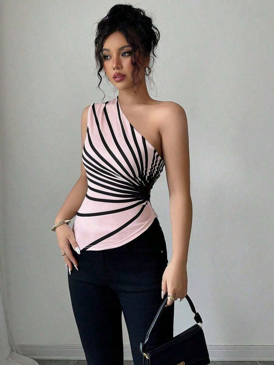 Blusa de punto con estampado de hombro oblicuo elegante para vacaciones de verano para mujer - Rosa Pálido - Ver 1