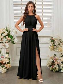 Belle Vestido de dama de honor con cuello de halter de unicolor, cintura imperio y abertura frontal alta.Elegante vestido color púrpura claro para boda. - Negro - Ver 6
