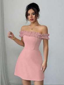 Vestido midi romántico para mujer con hombros descubiertos y corte en la cintura - Rosa Pálido - Ver 7
