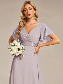Vestido de dama de honor con cuello en V elegante, mangas con volantes y mariposa, color verde salvia, vestido de invitada de boda, vestido de primavera semi-formal para boda, fiesta de cumpleaños, graduación, Día de San Valentín - Púrpura malva - Ver 5