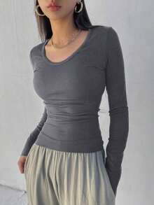 Camiseta de manga larga y cuello redondo de ajuste ceñido para mujer, versátil y casual, ropa de otoño - Gris - Ver 1