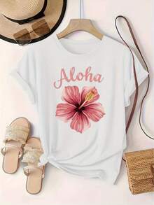 Limited Time Offer, Limited Quantities, Flash ! Women's Casual Shirts, Women's Polyester T-Shirts, Elegant Shirts. Short-Sleeve T-Shirt With Round Neck And  Western Floral Print, Women's Sweater - 白色 - 查看 9