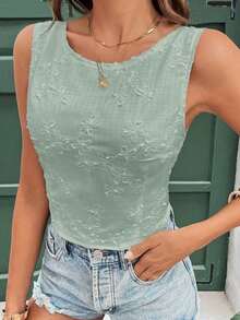 Frenchy Blusa sin espalda y sin mangas con estampado jacquard para vacaciones de verano, ropa de vuelta al colegio, atuendos de maestros, moda, vestidos de mujer de verano, estilo de dinero antiguo, vestidos blancos de mujer, vestidos casuales de mujer, ropa para el 4 de julio, blusas de mujer, tops sin mangas - verde menta - Ver 4