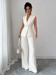 Conjunto de oficina elegante para mujer, compuesto por una chaqueta blazer sin mangas con cuello y bajo asimétrico, con hebilla metálica en la cintura, combinada con pantalones de cintura elástica.Conjunto de 2 piezas elegante para primavera/verano, atuendo formal y de clase para mujer. - Albaricoque - Ver 8