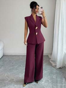 Conjunto de blazer de unicolor con decoración de hebilla metálica y bolsillo falso + pantalones rectos de cintura alta y sueltos, estilo vintage francés elegante para oficina, viajes, negocios, casual, citas, primavera/verano - Granada - Ver 3