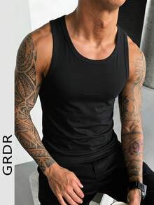 Camiseta de tirantes minimalista de unicolor de moda para hombres GRDR - Negro - Ver 2