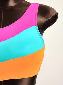 Traje de baño de una pieza con bloque de color y un solo hombro para mujer, ideal para nadar, vacaciones y playa en verano - Multicolor 4 - Ver 5