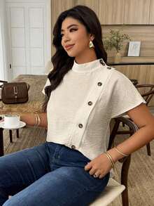 Weeklong Camisa suelta con botones y bordado de ojetes asimétrico, atuendo casual para diario/vacaciones, ropa de oficina - Albaricoque - Ver 4