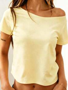 Camiseta casual de uso diario con hombro asimétrico de unicolor para mujer - Amarillo 2 - Ver 3