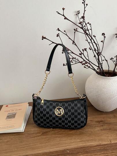 Bolsa de ombro feminina casual estilo baguette com estampa de letras pretas (1 unidade).
