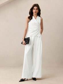 Nuevo conjunto de chaleco plisado en la cintura y pantalones de pierna ancha para mujer, primavera/verano.Elegante atuendo urbano para ir al trabajo. - Blanco - Ver 6