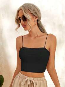 Top de tirantes tejido de canalé unicolor corto - Negro - Ver 5