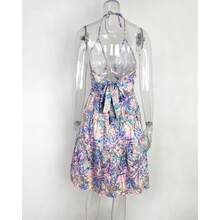 Vestido primavera mujer estampado, estilo sensual, escote al cuello con tirantes, calados y corte en capas - Rosa - Ver 3