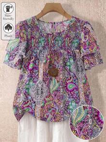 Blusa casual de mujer talla grande de unicolor con cuello redondo, mangas de doble capa, corta, plisada, versátil y de moda para el verano y vacaciones - Púrpura malva - Ver 7