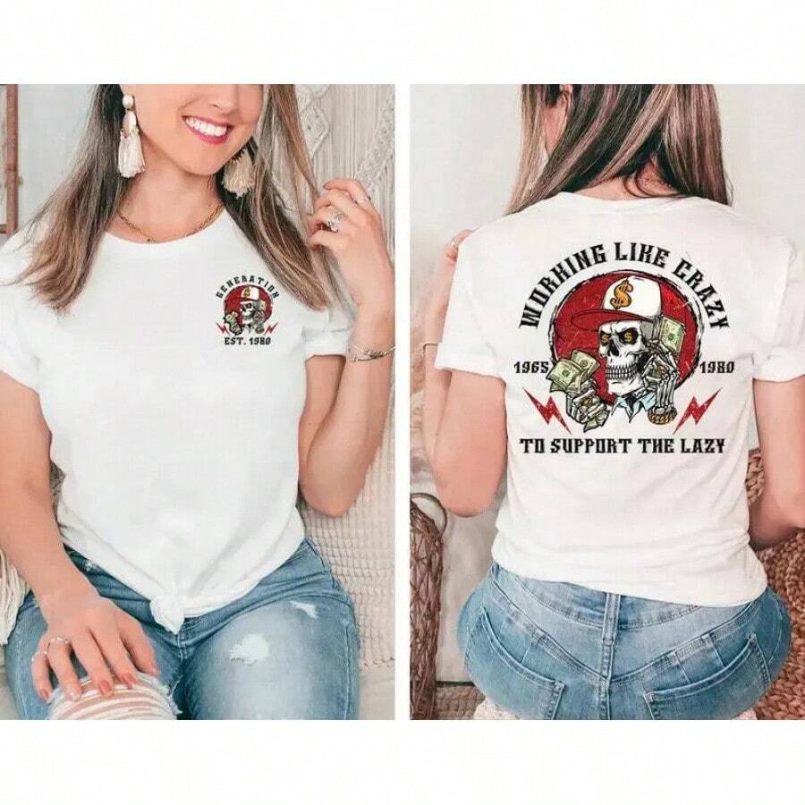 Camiseta FEEGO personalizada del año 1965-1980, trabajando como locos para apoyar a la generación X perezosa, camiseta de la generación X, camiseta de la generación X, camisetas de mujer en colores completos. - Blanco - Ver 1