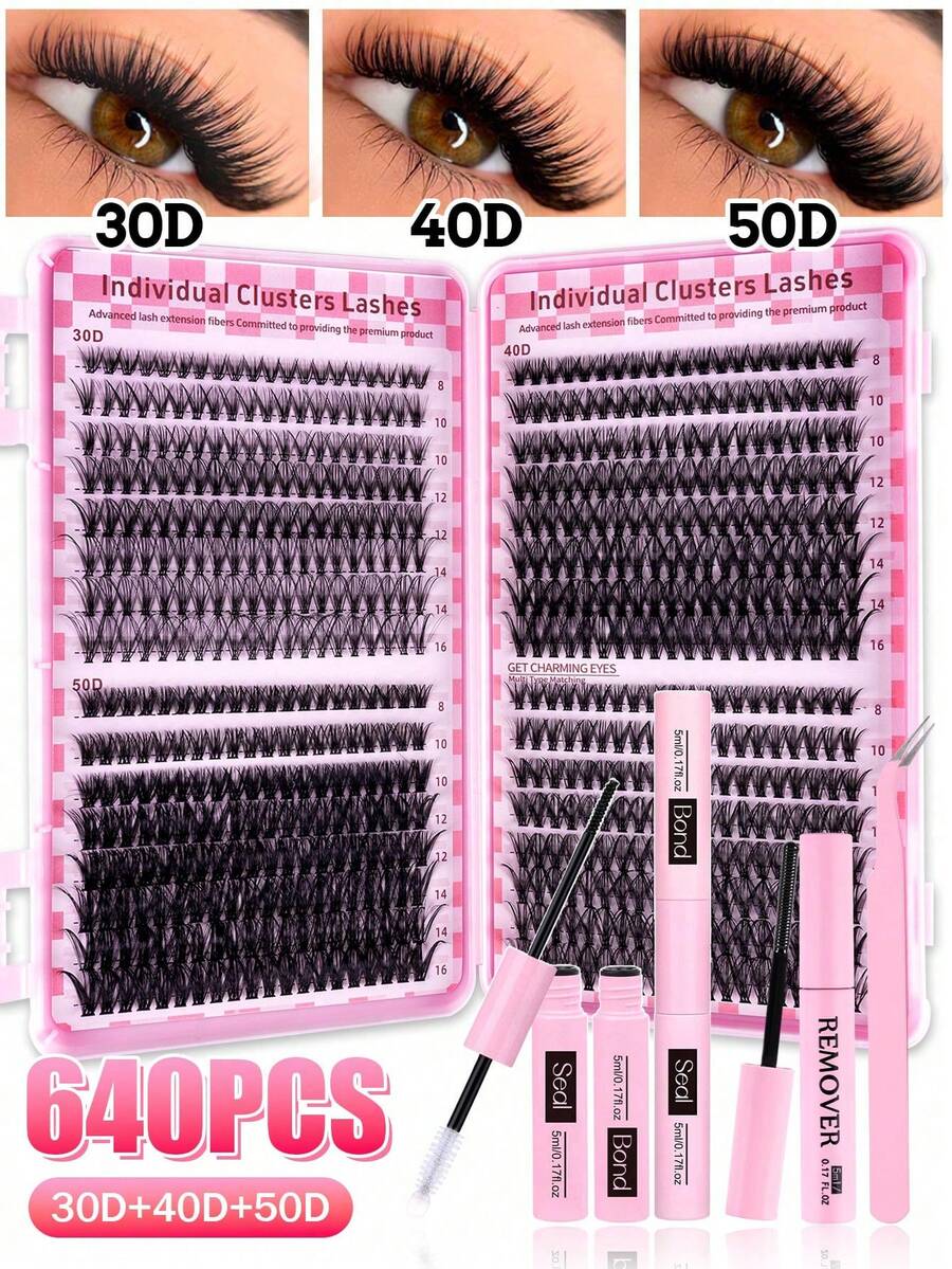 MEM 640pcs 8-16mm 30D-50D Cluster False Eyelashes, Soft & Lightweight DIY Lash Extension Kit With Glue, Tweezers, Brush, Suitable For Daily, Wedding, Halloween And Holiday Looks